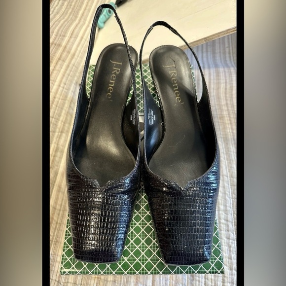 J. Renee BEV Black Lizard Print Slingback Heels Size 10M Block Heel Shoes Vintag - Picture 1 of 9
